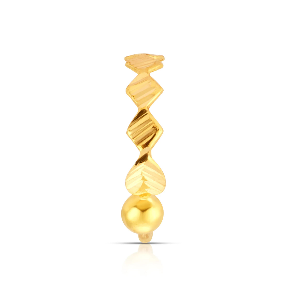 Front view of zigzag design 18K gold nose ring on a white background highlighting the sculpted texture
