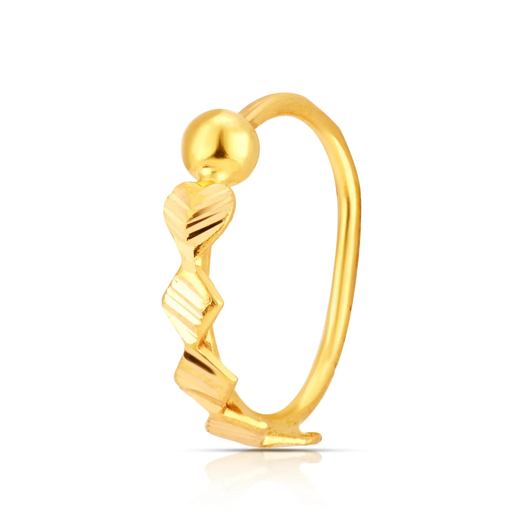 Side profile of slim zigzag motif gold nose ring on a white background showing its curved form