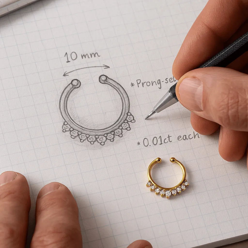 Jewelry designer sketching a diamond gold nose ring beside the finished handcrafted design