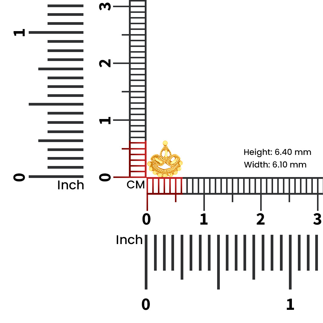 Gold nose pin measured with ruler showing 7 mm size lightweight and ideal for festive wear