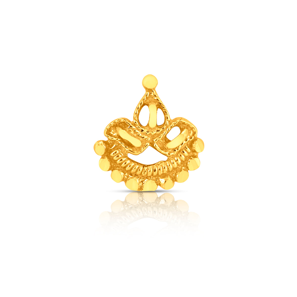 Front view of ornate crescent gold nose pin design with handcrafted beads and elegant structure