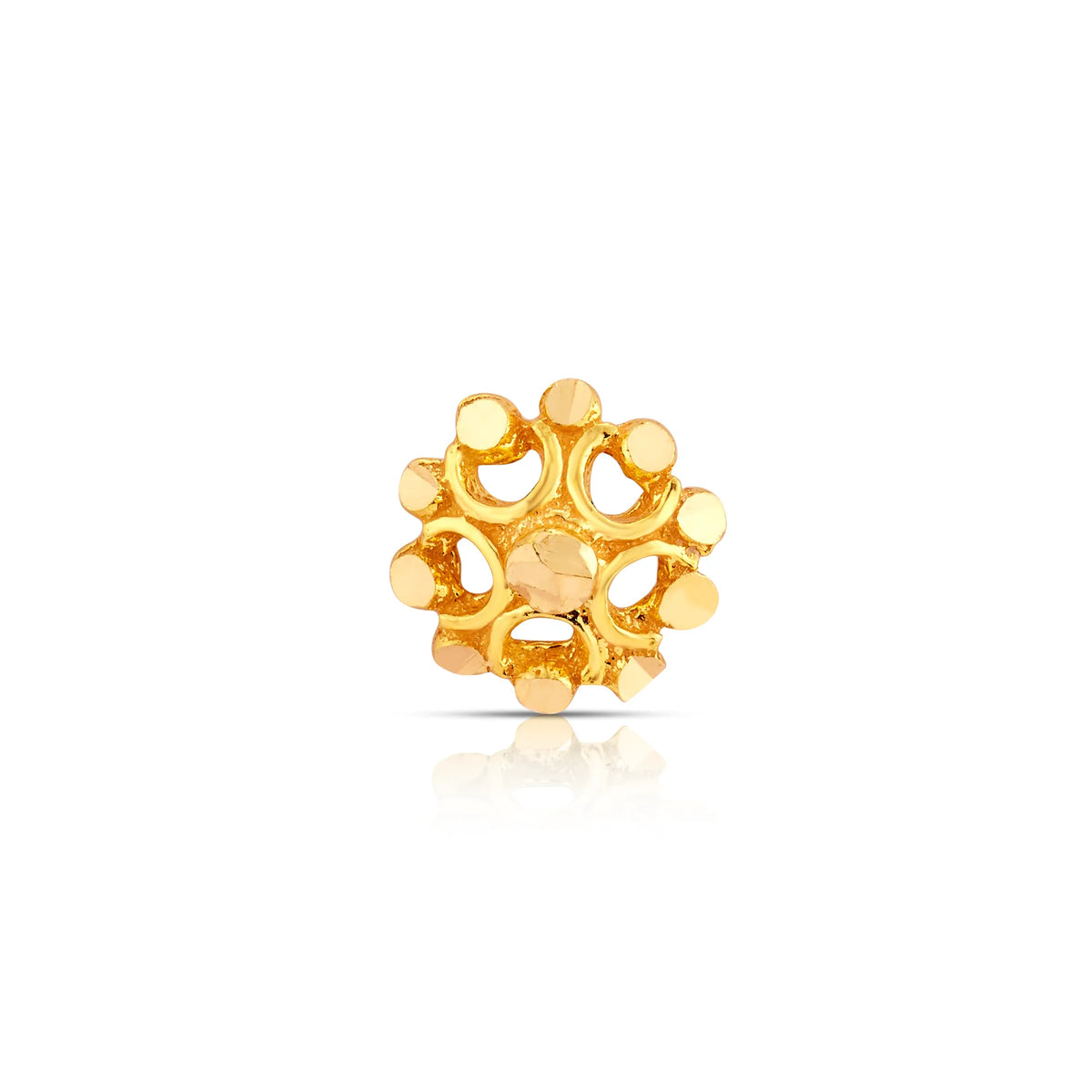 Front view of intricate floral 18K gold nose pin on a white background showing detailed craftsmanship