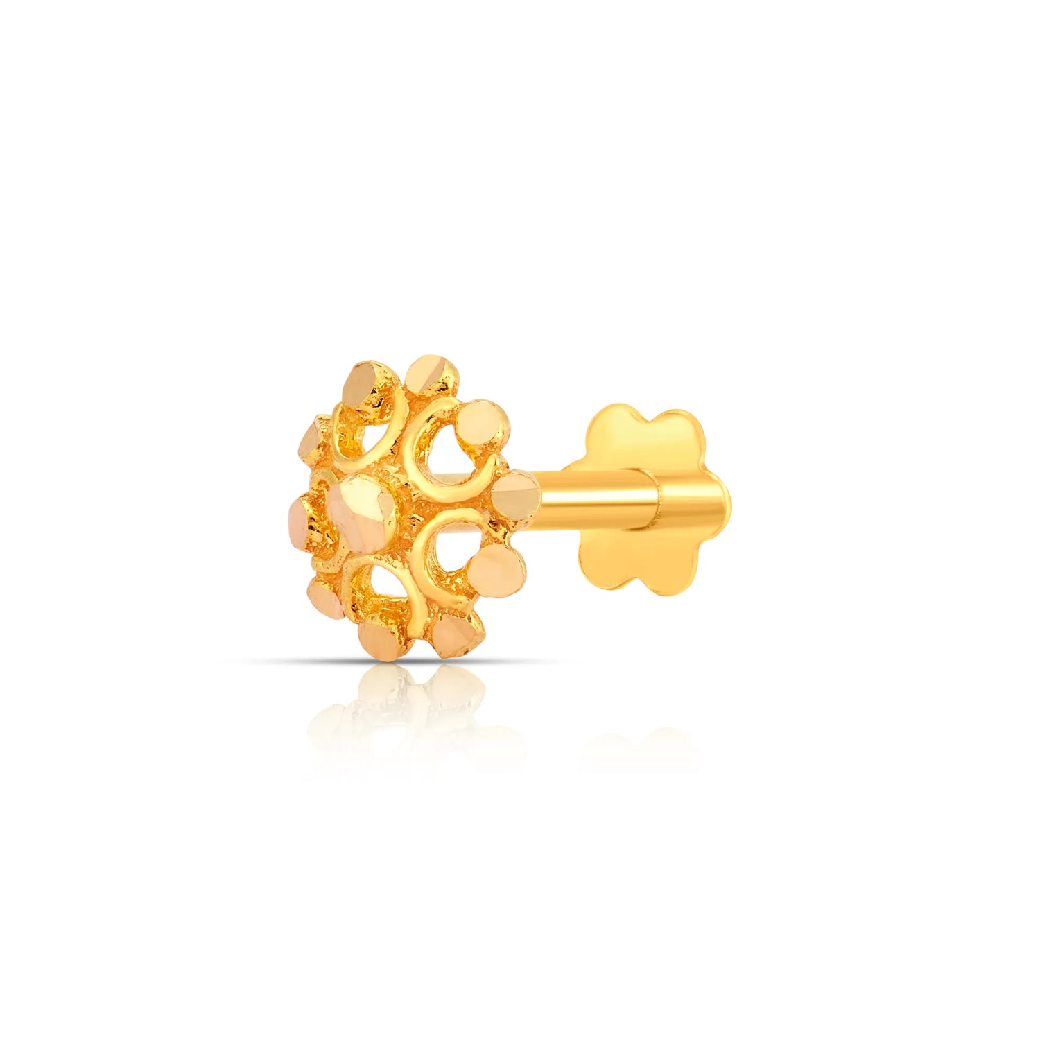 Side profile view of floral design 18K gold nose pin on a white background highlighting post and secure fit