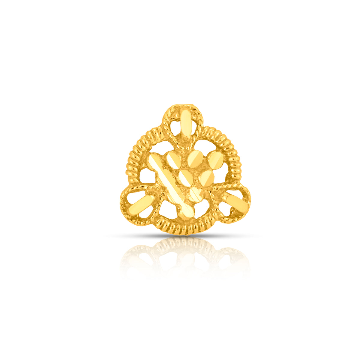 Front view of floral triangle gold nose pin design with elegant indian craftsmanship perfect for ethnic wear