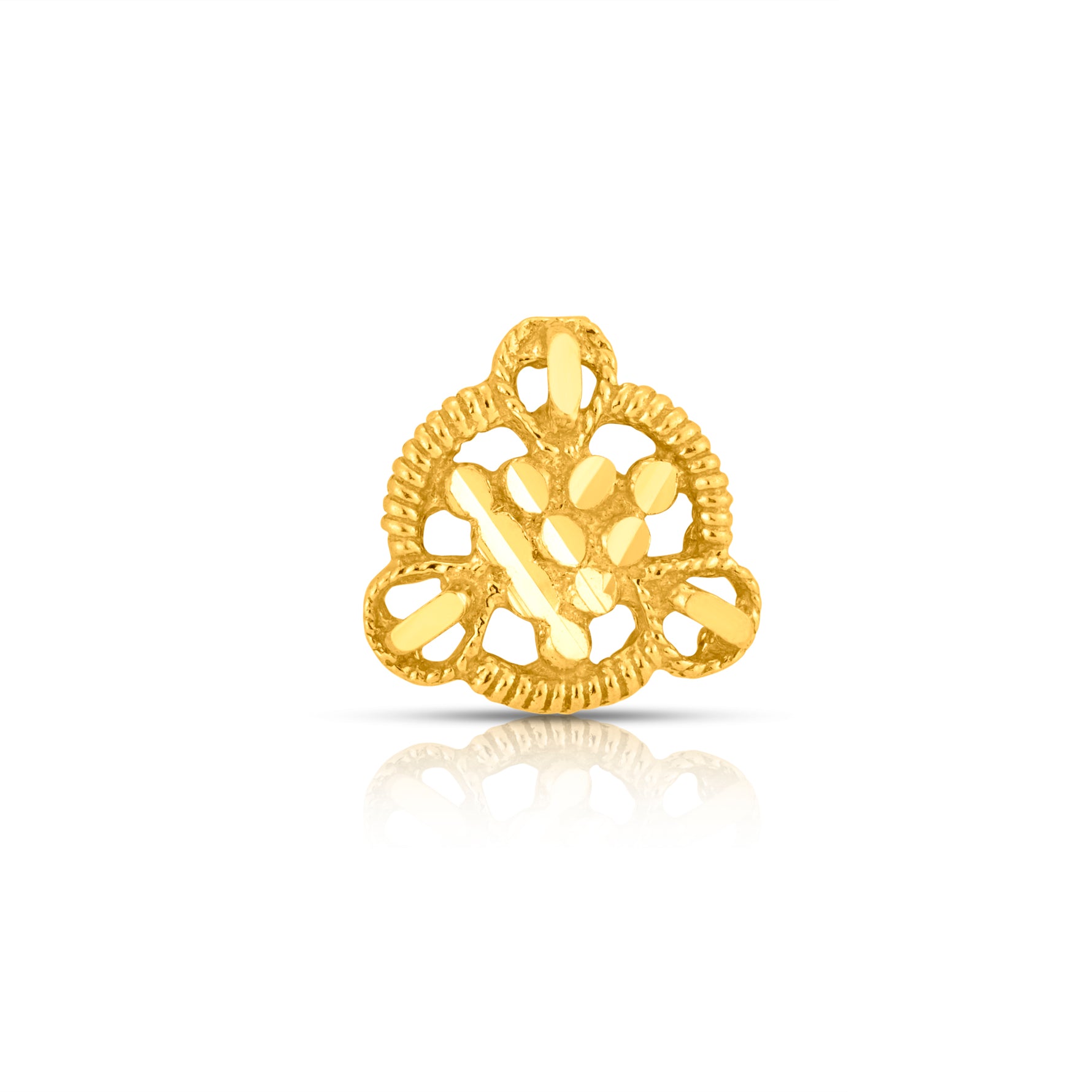 Front view of floral triangle gold nose pin design with elegant indian craftsmanship perfect for ethnic wear