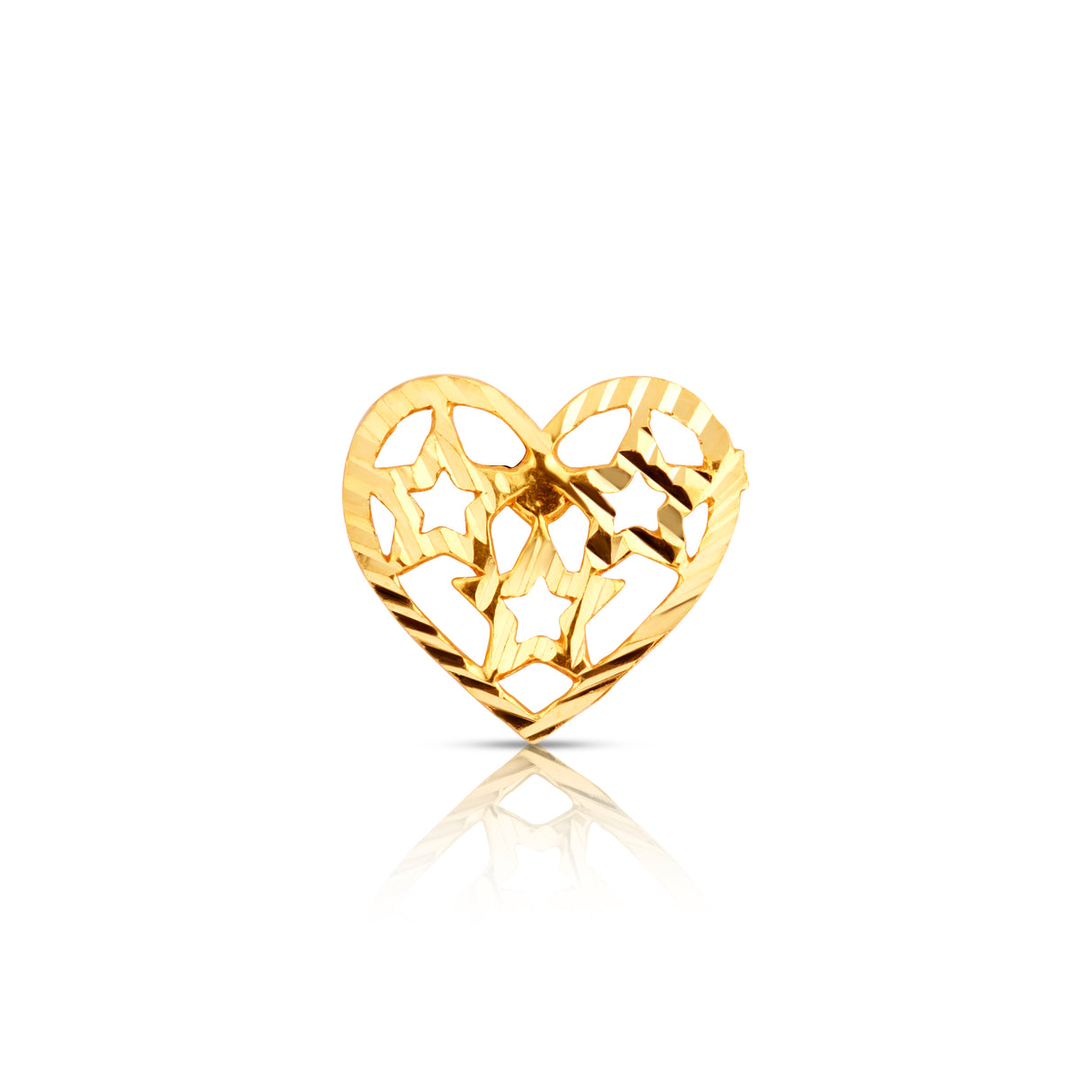 Front view of delicate heart gold nose pin design with filigree pattern perfect for modern indian jewellery lovers
