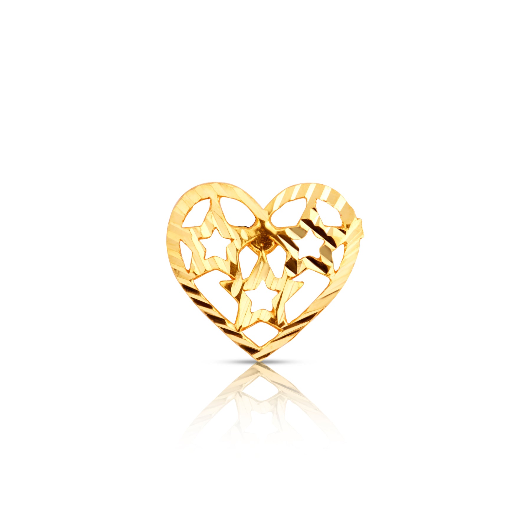 Front view of delicate heart gold nose pin design with filigree pattern perfect for modern indian jewellery lovers