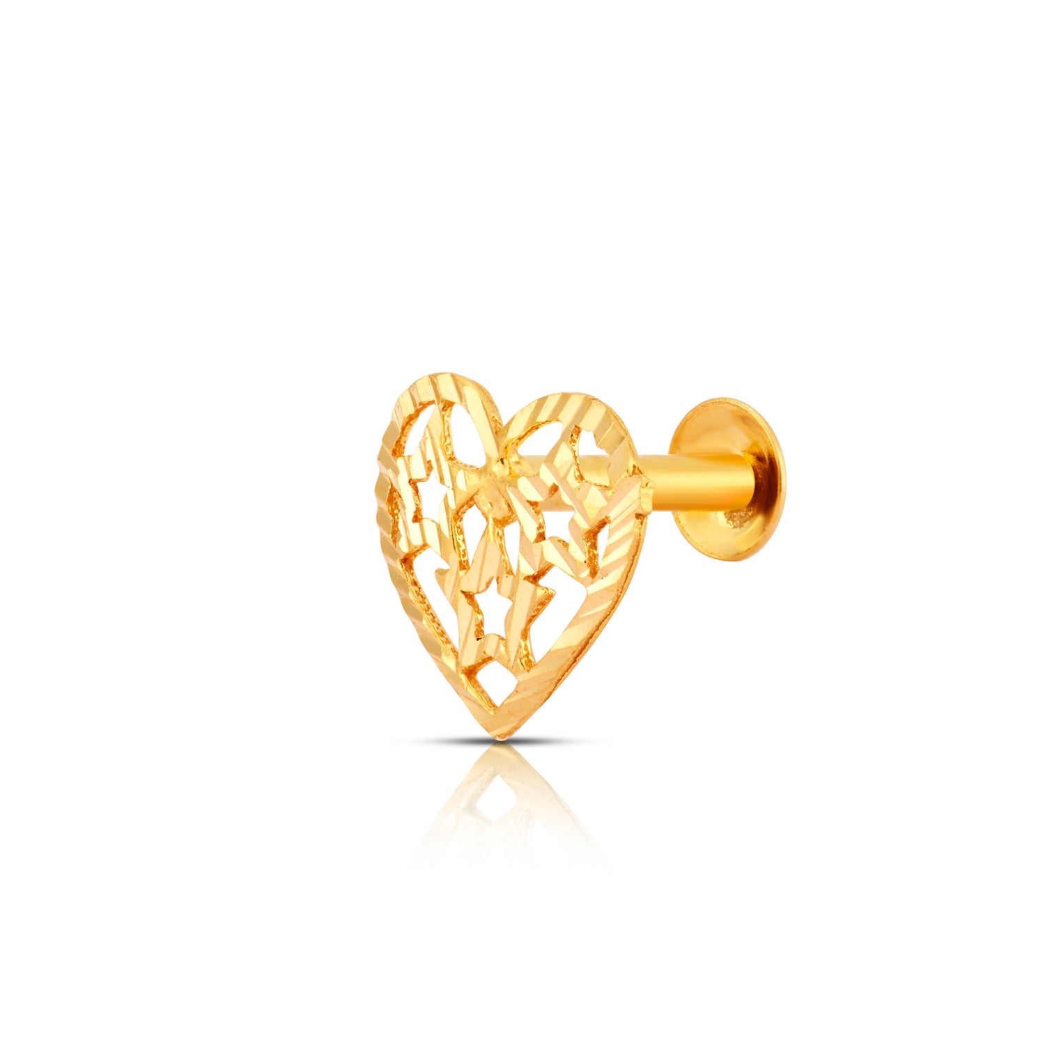 Beautiful heart shaped gold nose pin design crafted in 18k yellow gold featuring elegant openwork detailing for women