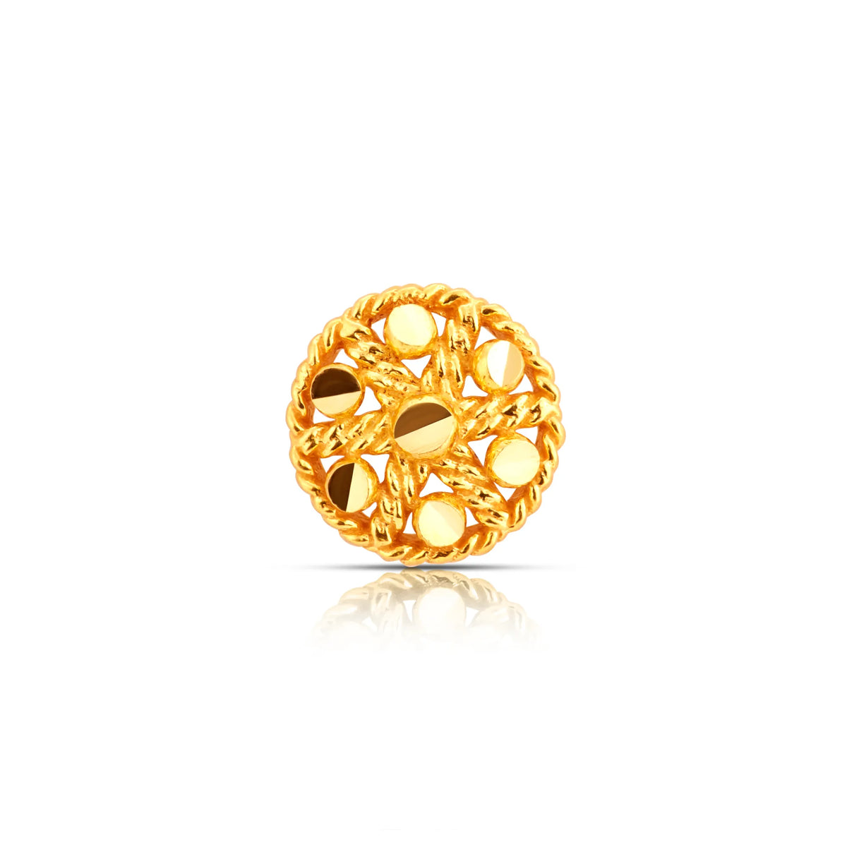 Front view of the intricate round floral design 18K gold nose pin on a white background highlighting detailed craftsmanship