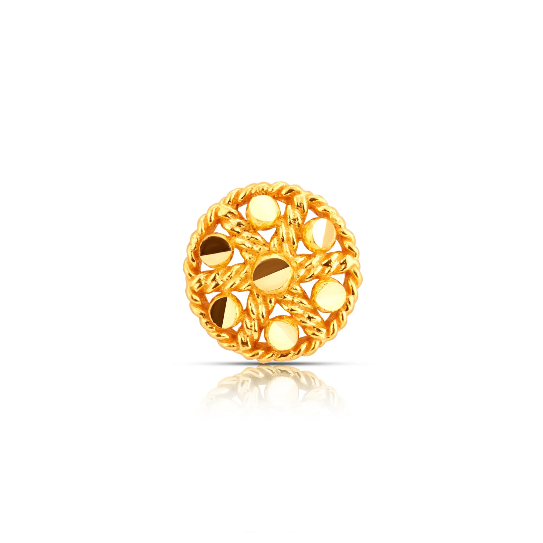 Front view of the intricate round floral design 18K gold nose pin on a white background highlighting detailed craftsmanship