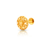 Side profile view of the floral motif 18K gold nose pin on a white background showing the post and secure back