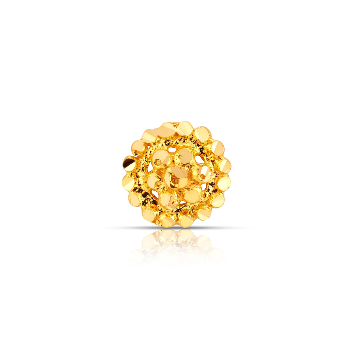Front view of detailed round floral design 18K gold nose pin on a white background showing intricate gold work