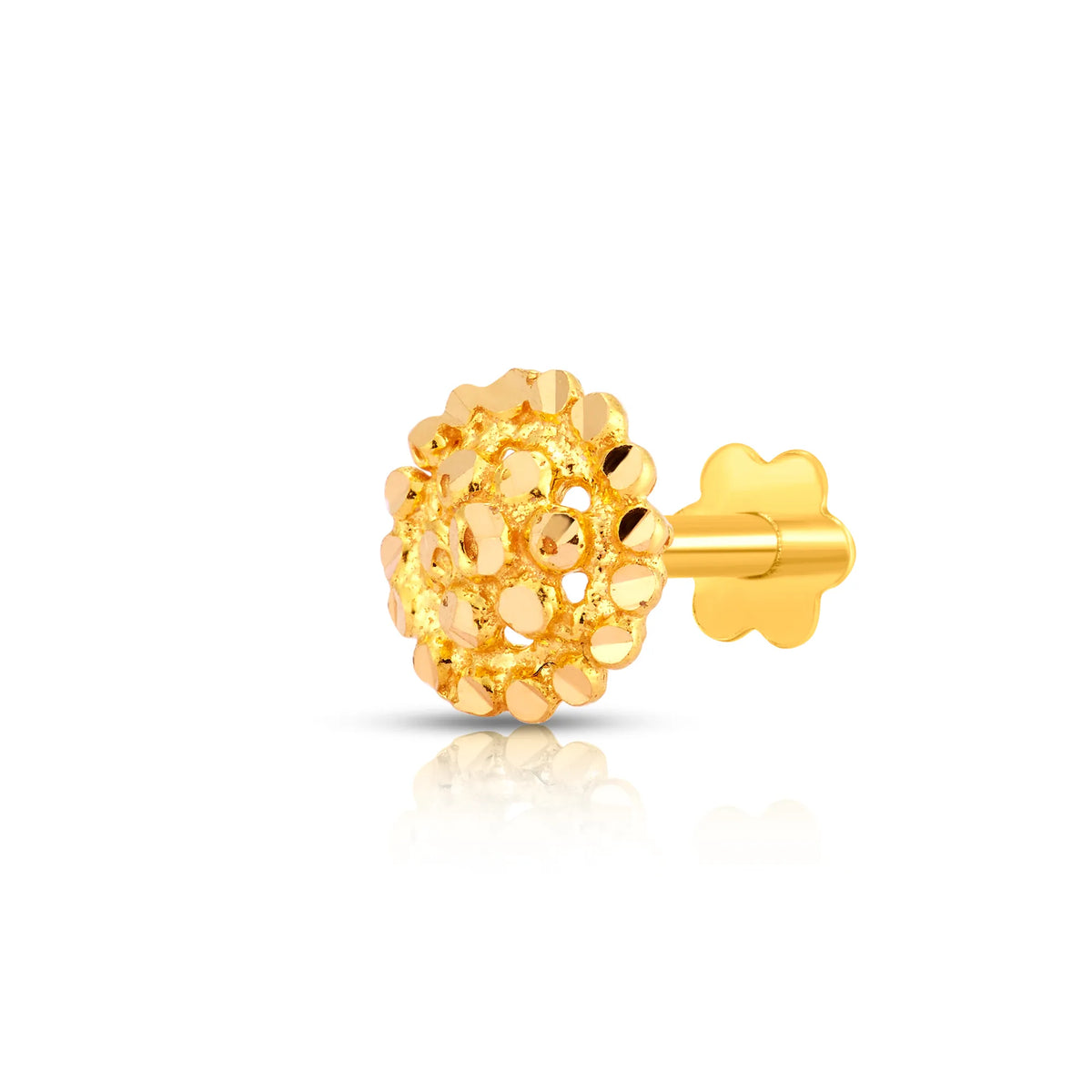 Side view of round floral motif 18K gold nose pin on a white background highlighting post length and depth
