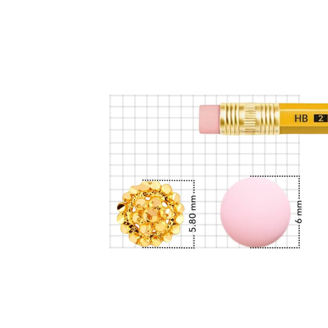 Size reference image of round floral 18K gold nose pin displayed on a grid with scale objects for proportion clarity