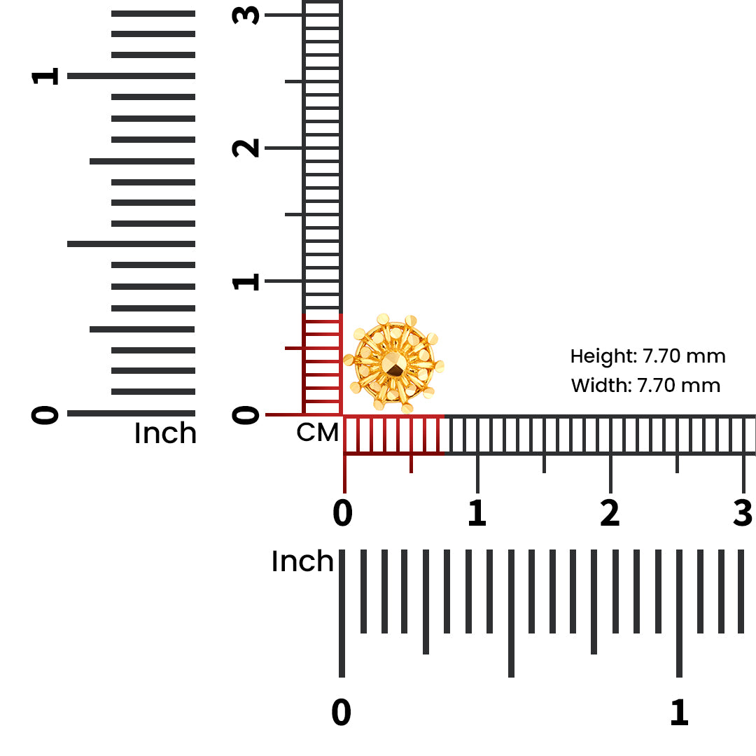 Gold nose pin measured with ruler showing 7 mm size suitable for lightweight daily jewellery use