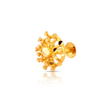 Beautiful round gold nose pin design crafted in 18k yellow gold featuring intricate handcrafted detailing for women