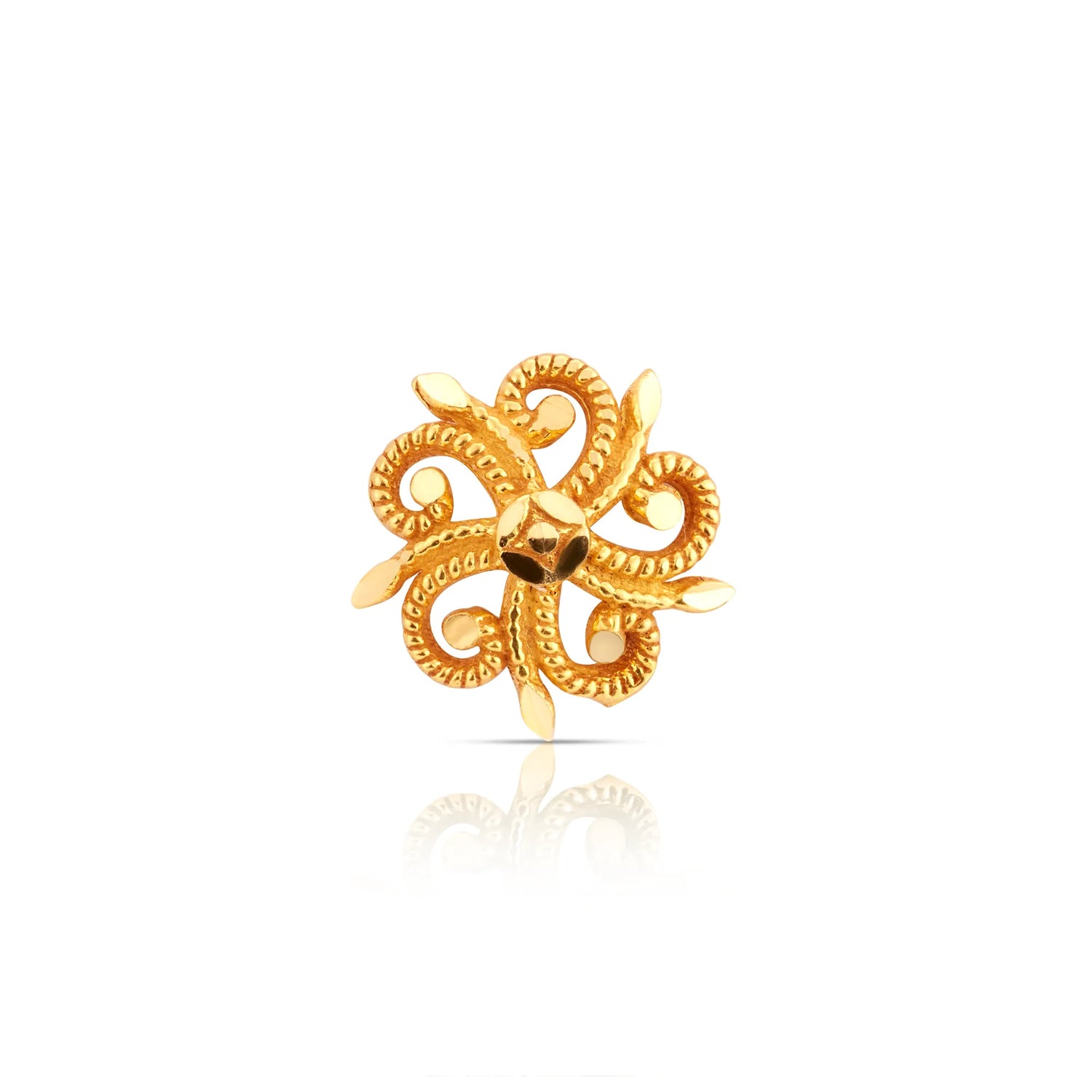 Front view of intricate swirl design 18K gold nose pin on a white background showcasing detailed craftsmanship