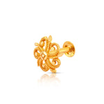Studio side view of swirl motif 18K gold nose pin on a white background highlighting its sculpted depth