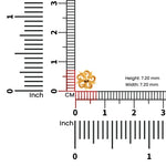 Measurement guide showing exact dimensions of the swirl inspired 18K gold nose pin using a ruler