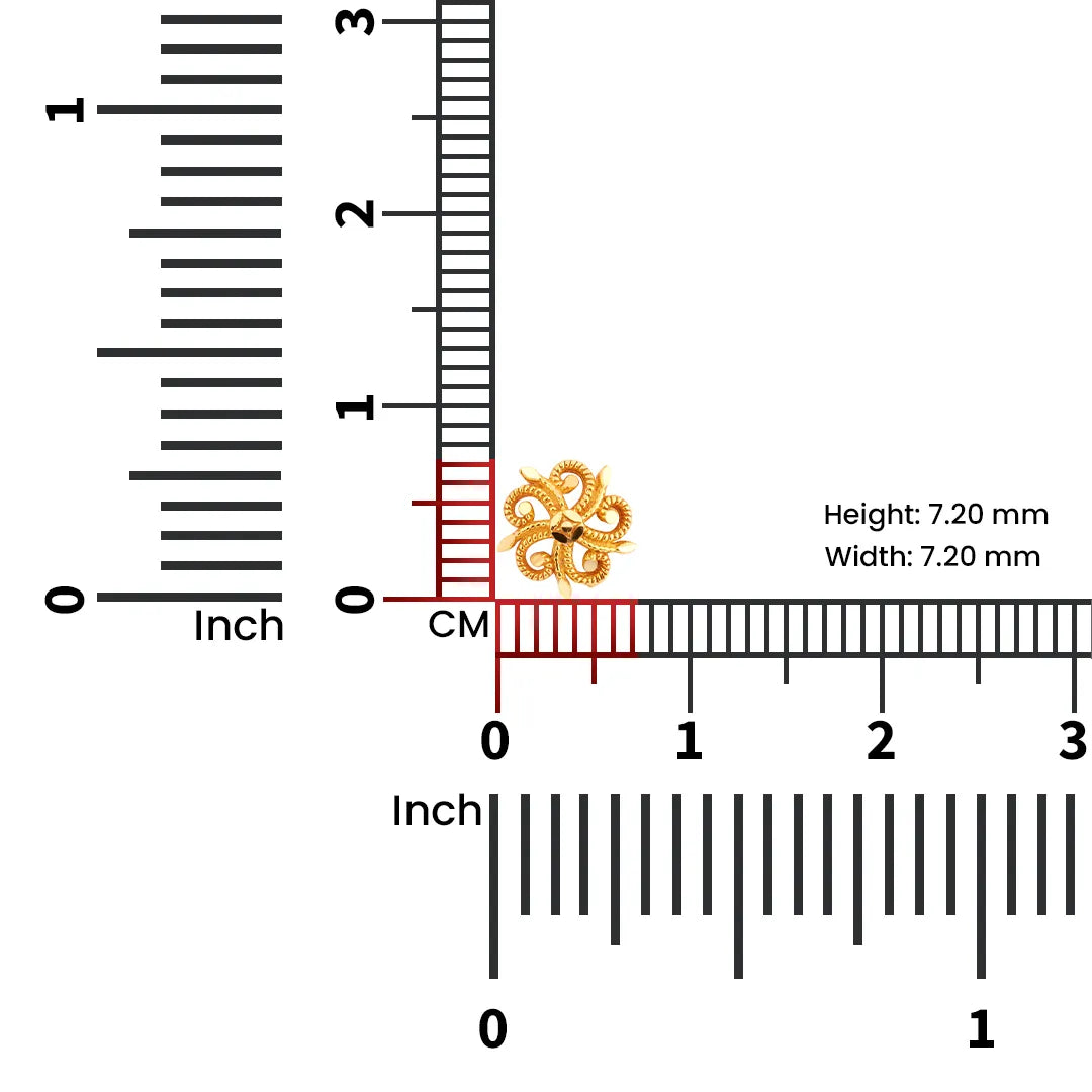 Measurement guide showing exact dimensions of the swirl inspired 18K gold nose pin using a ruler
