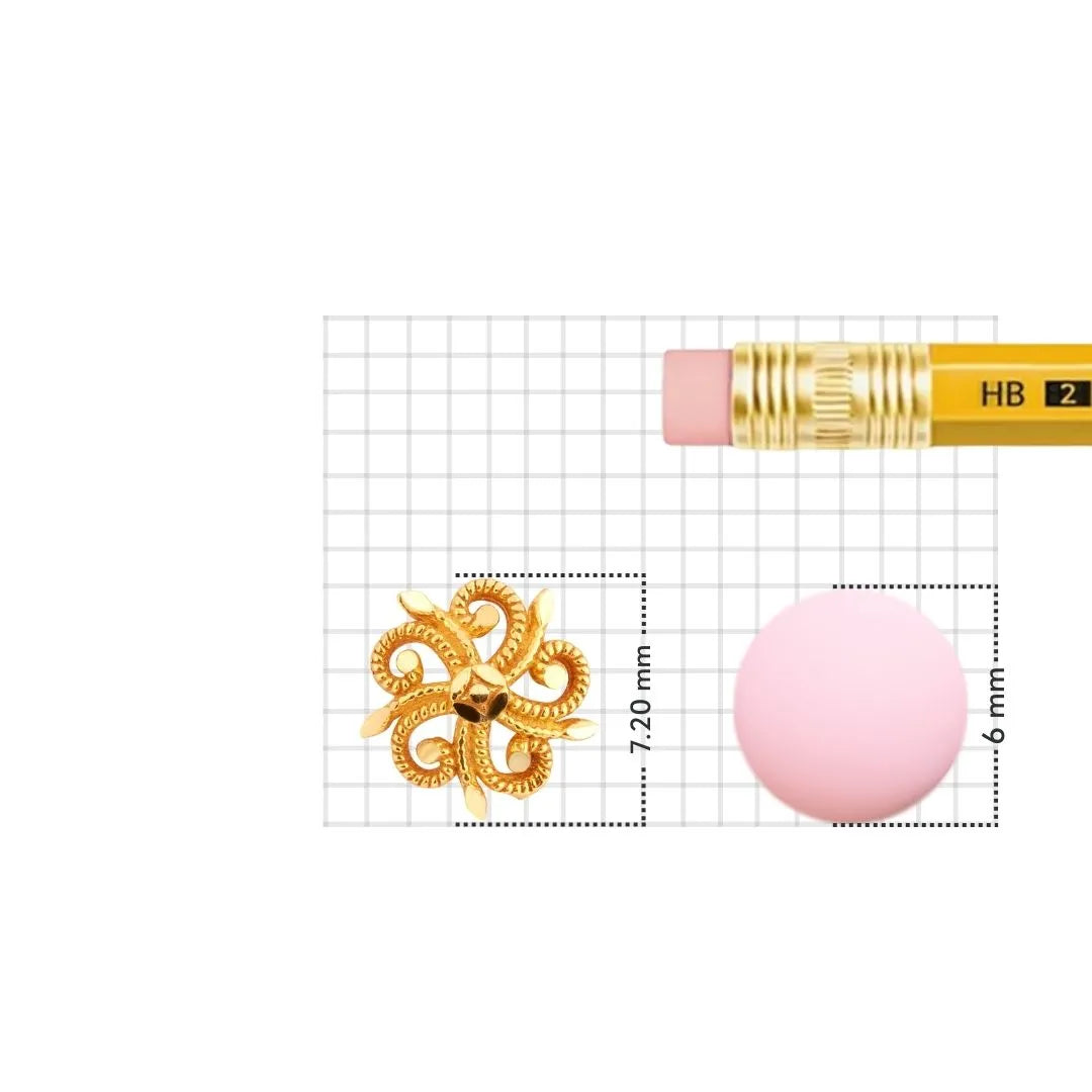 Size reference image of swirl motif 18K gold nose pin shown on a measurement grid with scale elements