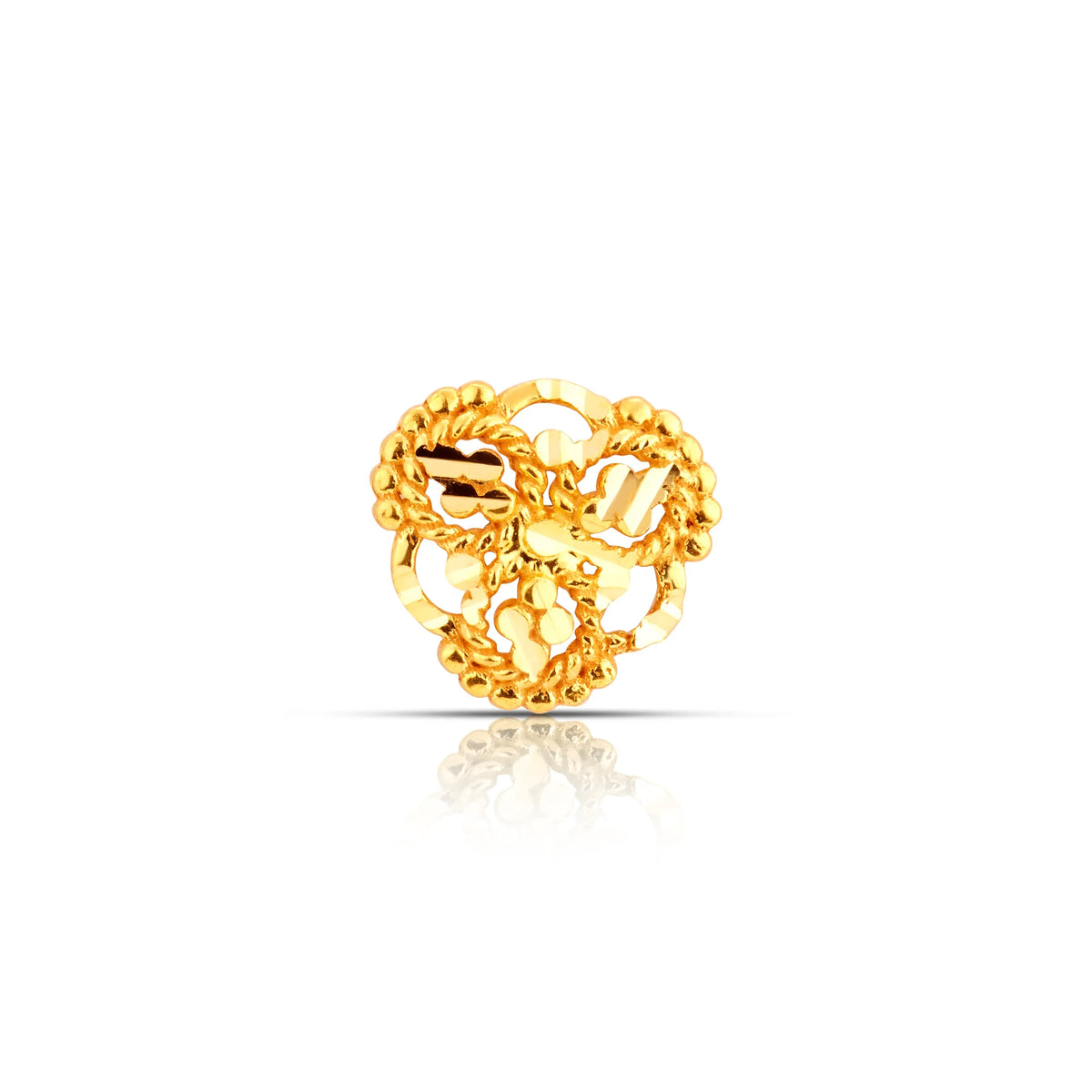Side profile studio image of floral 18K gold nose pin on a white background highlighting its raised structure