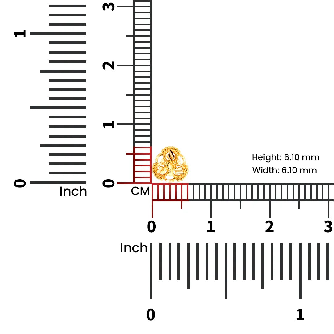 Measurement guide image showing the exact dimensions of the floral 18K gold nose pin using a ruler