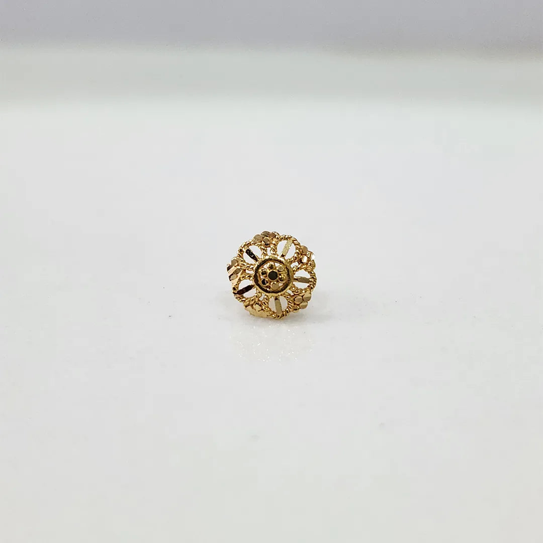 Front view of floral motif 18K gold nose pin on a clean white background displaying craftsmanship clearly