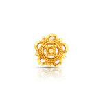 Front view of circular gold nose pin design with handcrafted floral patterns perfect for ethnic wear