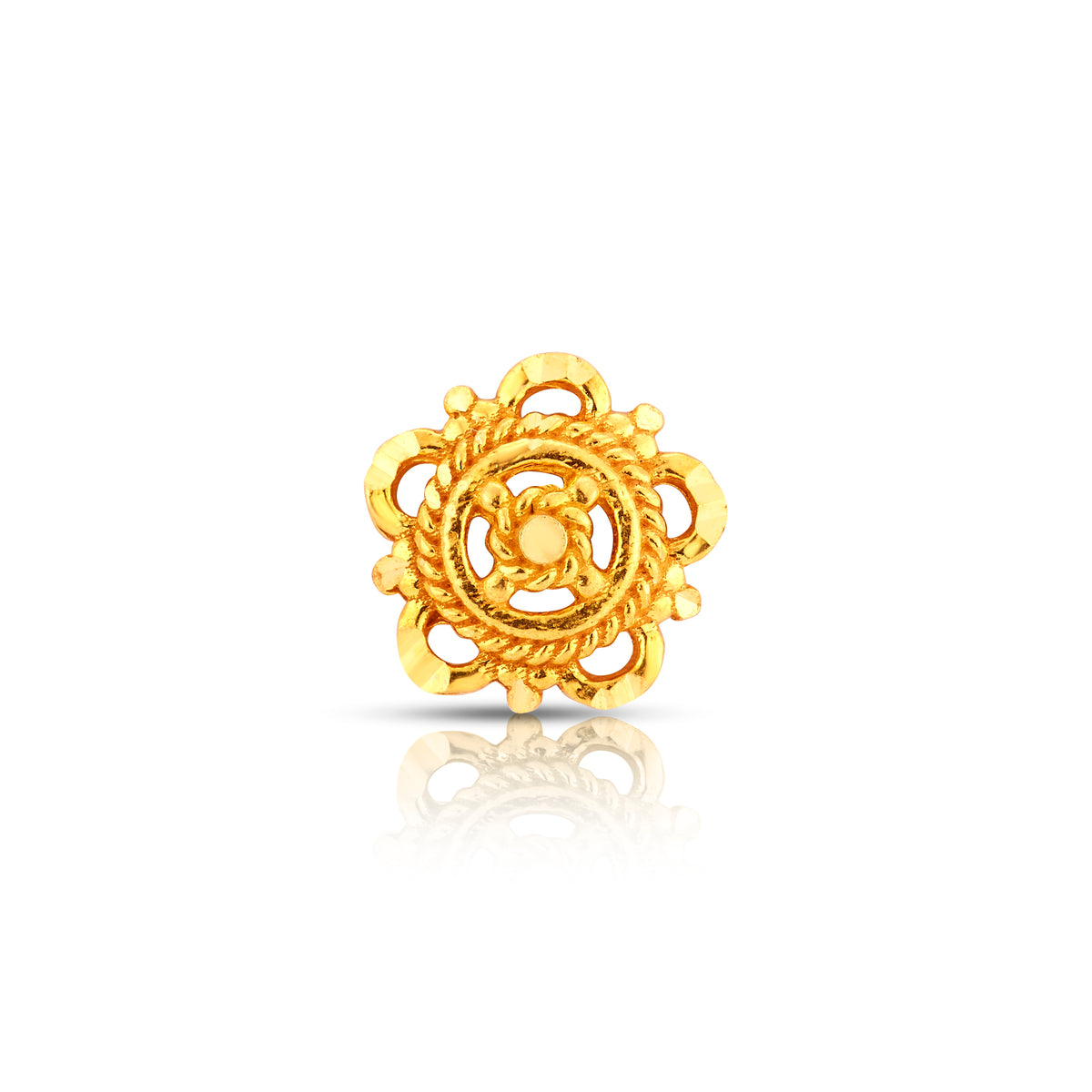 Front view of circular gold nose pin design with handcrafted floral patterns perfect for ethnic wear