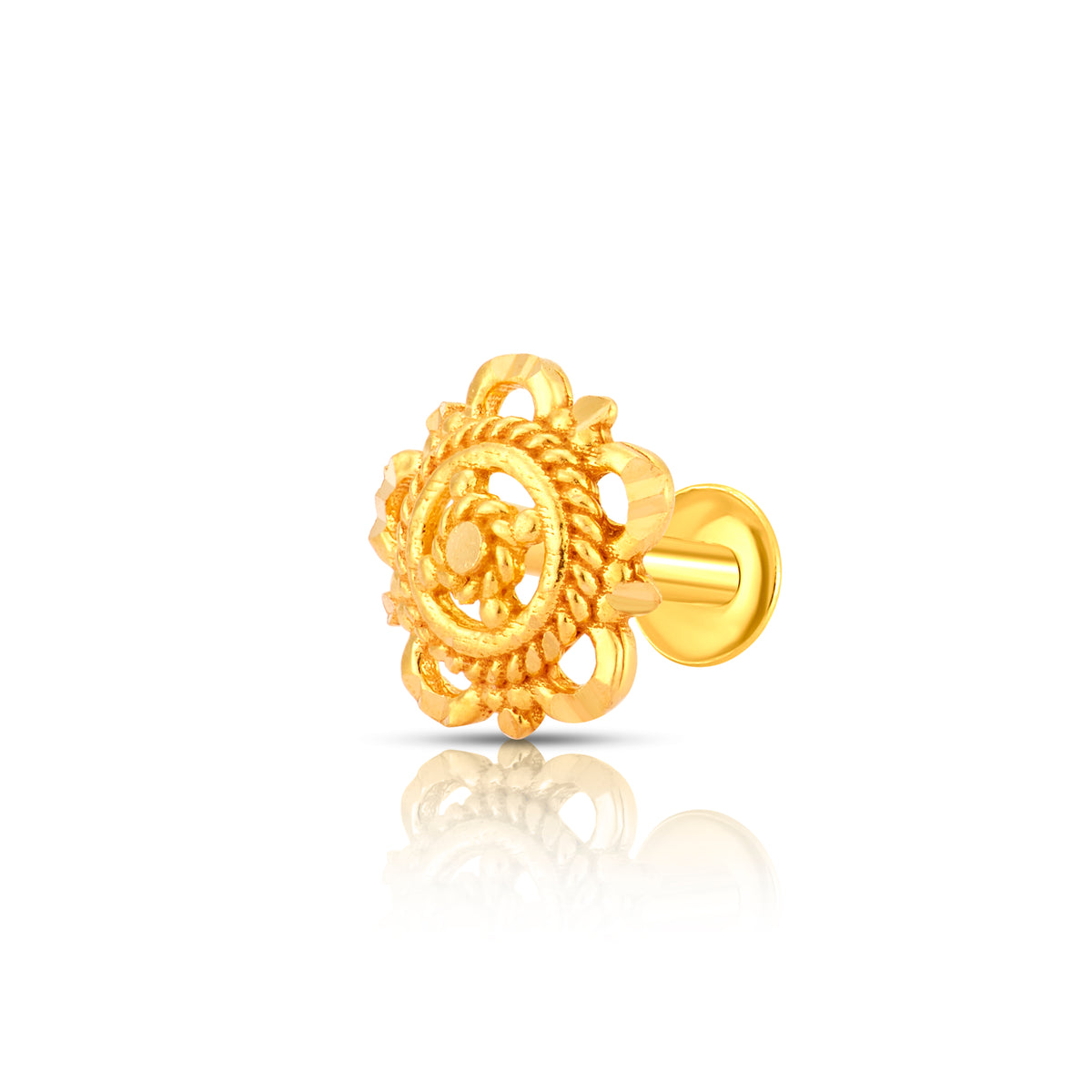 Traditional floral gold nose pin design crafted in 18k yellow gold featuring intricate indian detailing for women