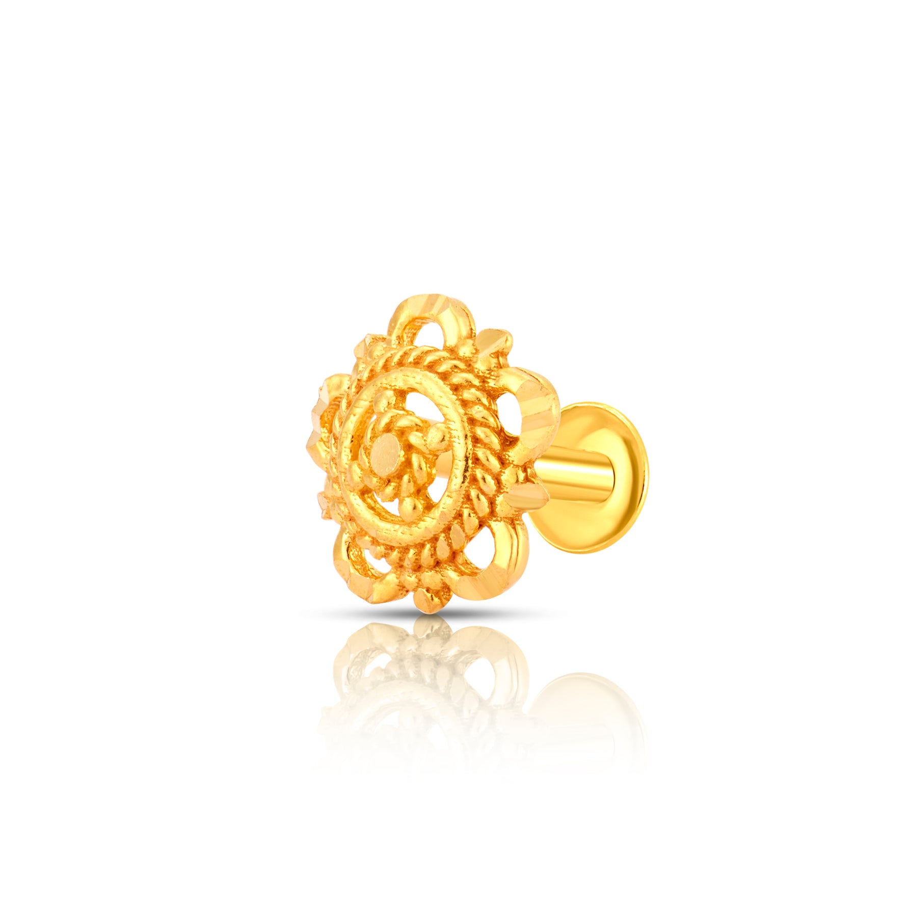 Traditional floral gold nose pin design crafted in 18k yellow gold featuring intricate indian detailing for women