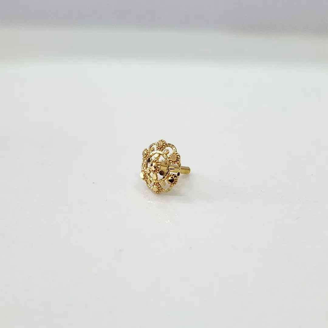 Front view of floral gold nose pin design displayed on a clean white background