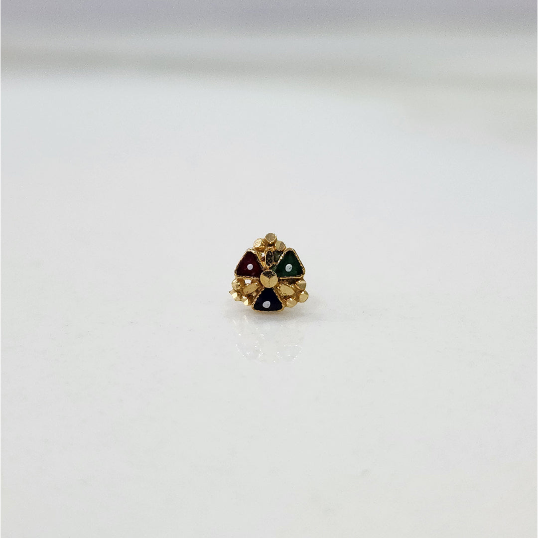 Slight angled view of the floral gold nose pin highlighting the stone arrangement and craftsmanship