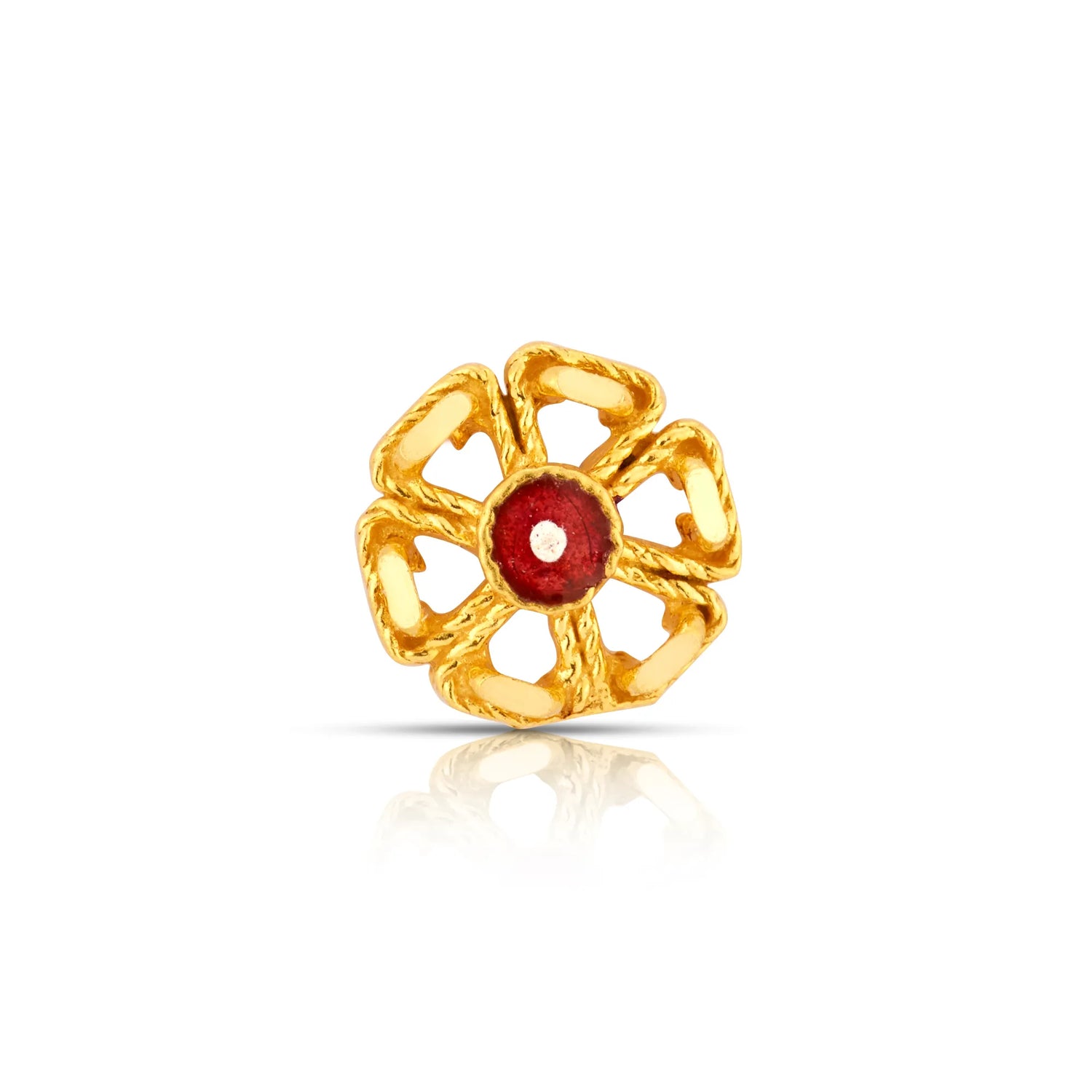 Front view of delicate floral 18K nose pin gold featuring a central red stone highlighting its ornate craftsmanship