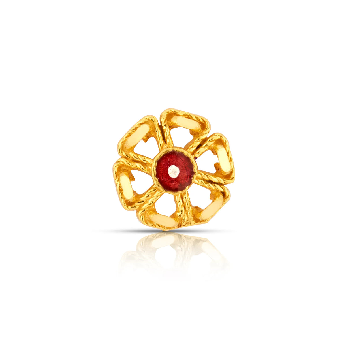 Front view of delicate floral 18K nose pin gold featuring a central red stone highlighting its ornate craftsmanship