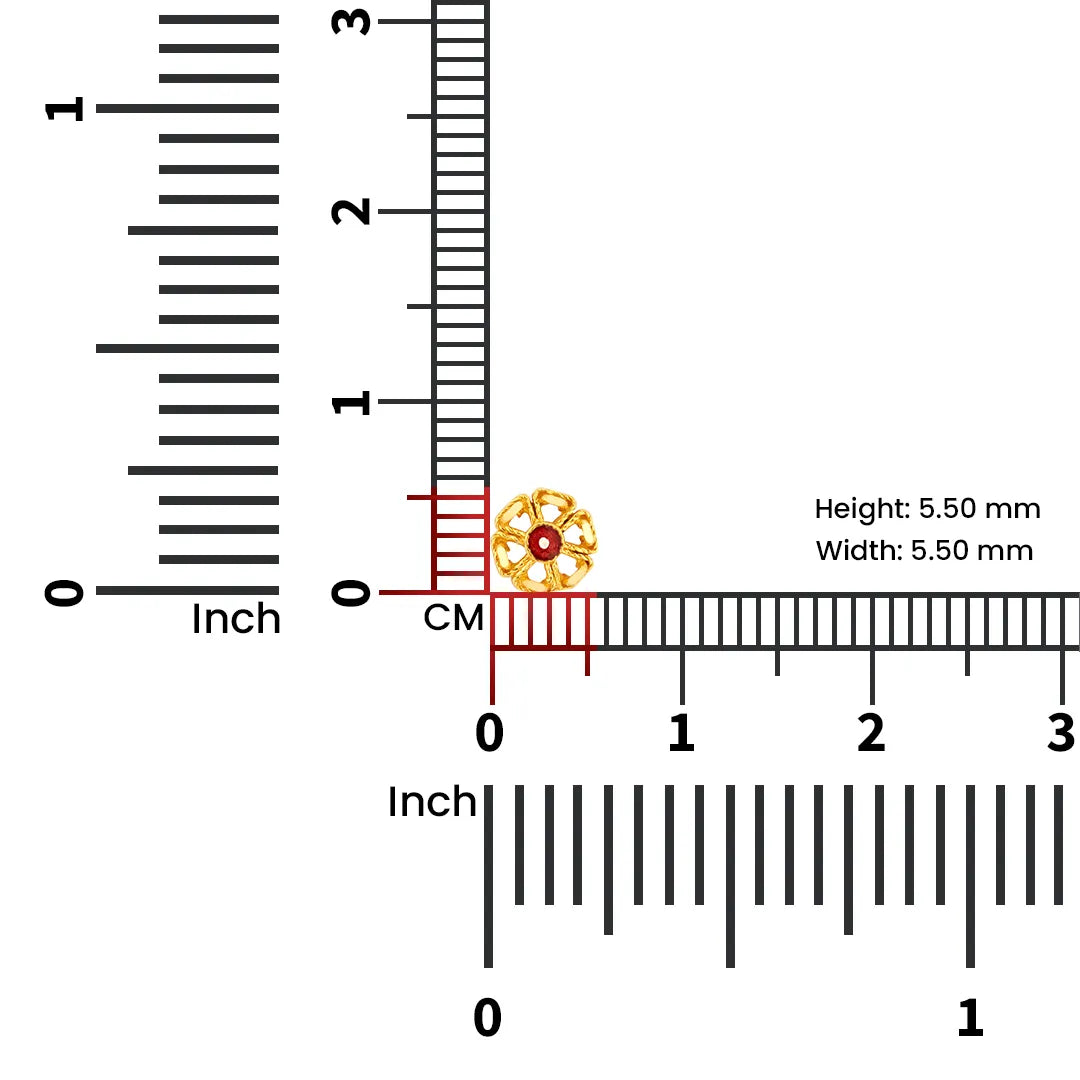 18K nose pin gold with floral red stone design placed on a measurement grid showing accurate size and dimensions
