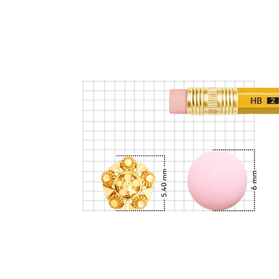 18K nose pin gold placed beside a pencil on a measurement grid showing accurate height and width dimensions