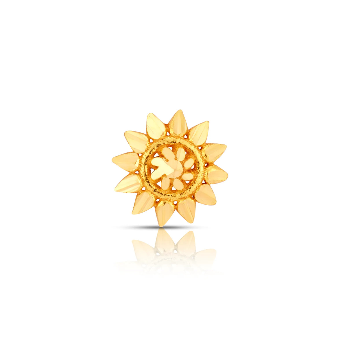 Sun motif 18K nose pin gold shown in a clean isolated view showcasing its artistic design