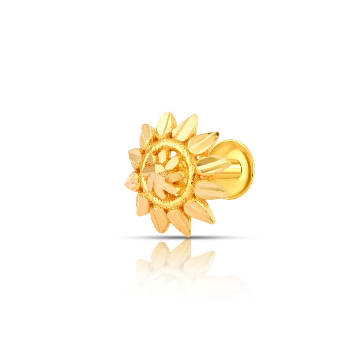 Intricate sun-shaped 18K nose pin gold displayed on a white background highlighting its detailed craftsmanship