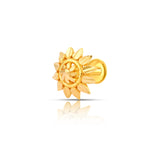 Intricate sun-shaped 18K nose pin gold displayed on a white background highlighting its detailed craftsmanship