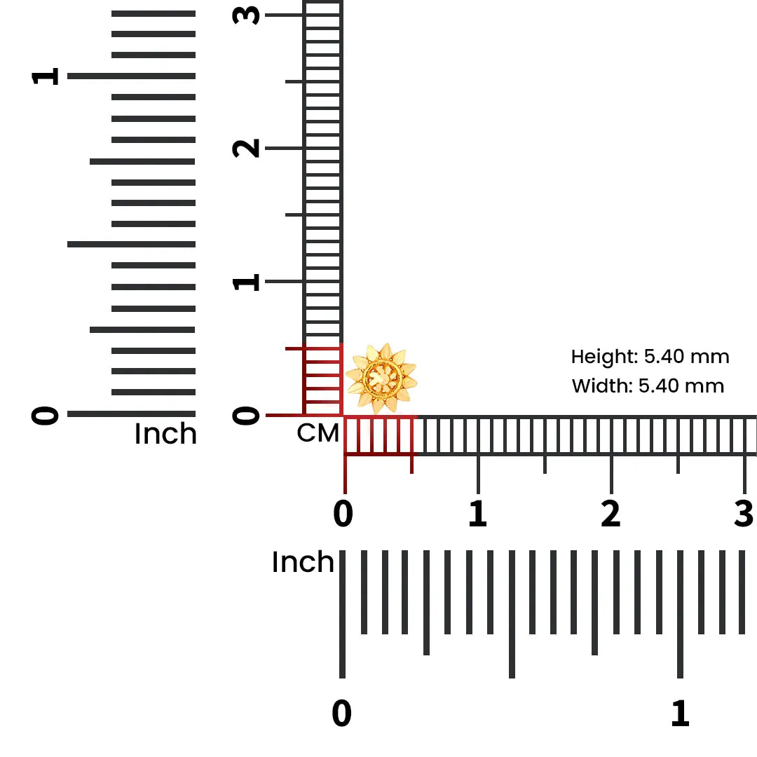Size chart of sun-shaped 18K nose pin gold displaying millimeter measurements clearly