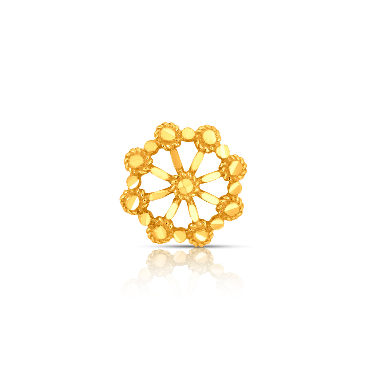 Front view of intricate round gold nose pin design in 18k yellow gold — indian gold nose pin with floral detailing.