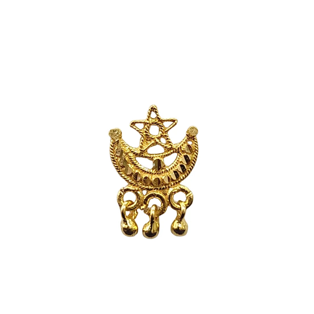 Traditional maharashtrian nath gold nose pin crafted in 18k yellow gold featuring crescent moon and star design with hanging beads