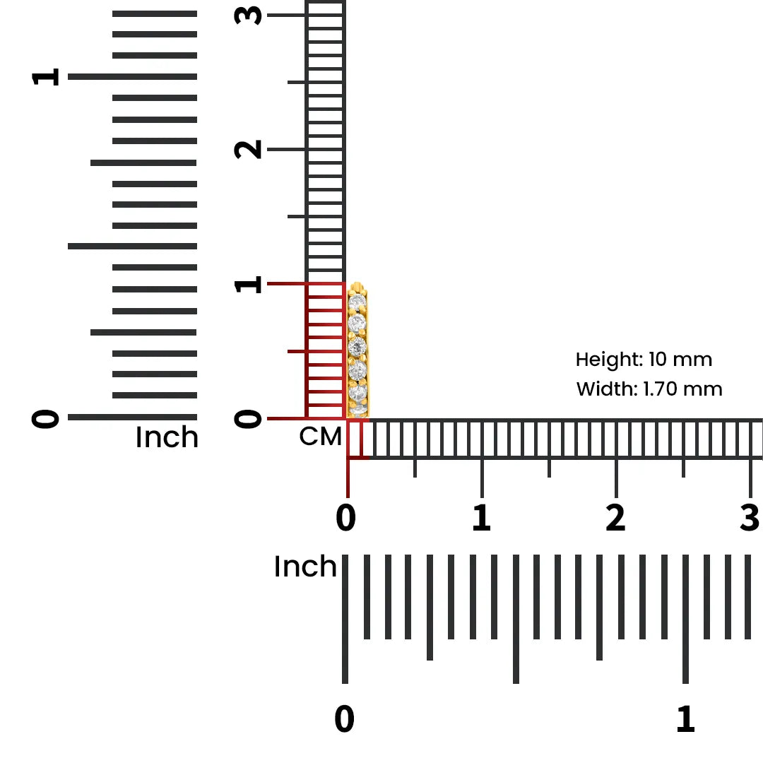 Measurement scale image showing width and diameter of the gemstone gold nose ring