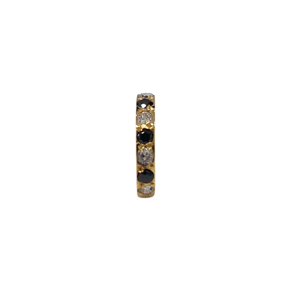 Slim vertical view of the gemstone gold nose ring on a white background emphasizing delicate thickness