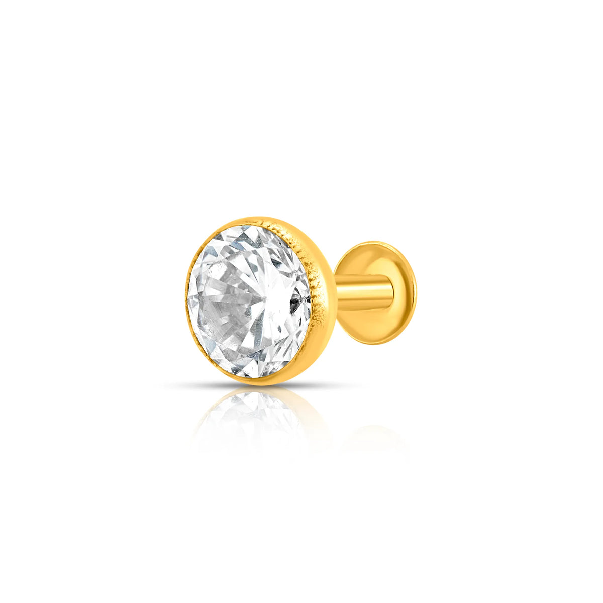 Gold stone nose pin with clear round gemstone front view on white background