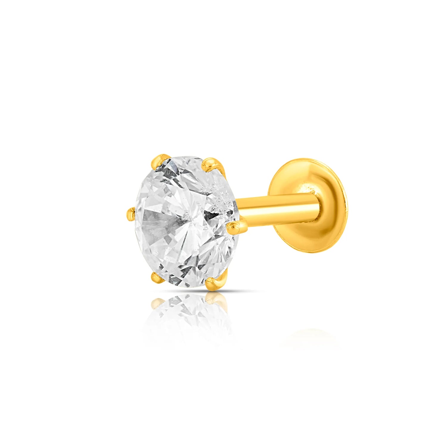 Front view of round white stone nose pin in gold showing classic prong setting