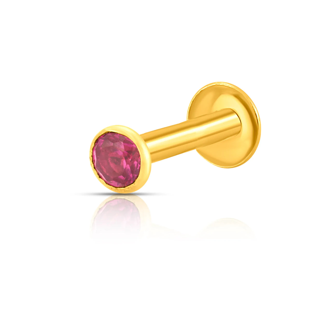 Gold stud nose pin with pink gemstone on a white background