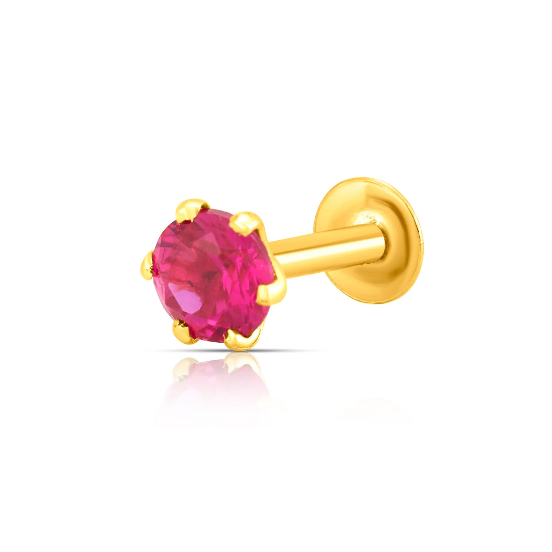Side view of round ruby stone nose pin in gold prong setting